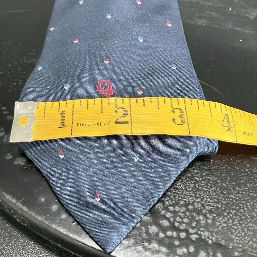 Christian Dior Monsieur Poly Silk Blend Neck Tie Navy Mini Motif Logo Vintage